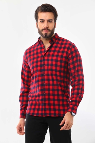 Marisso Erkek Kare Desenli Uzun Kol %100 Pamuk Gömlek 019YNC Kırmızı Kırmızı