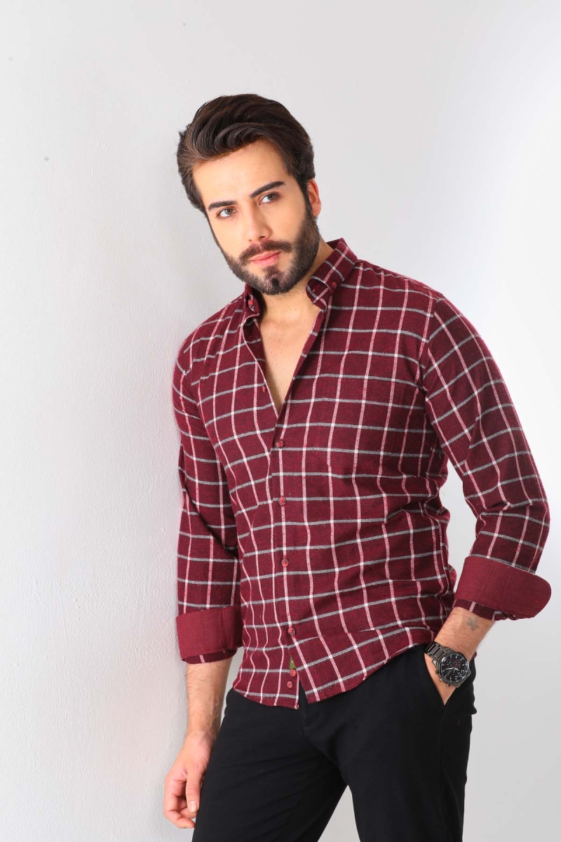 Marisso Erkek Kare Desenli Uzun Kol %100 Pamuk Gömlek 1502 Bordo Bordo