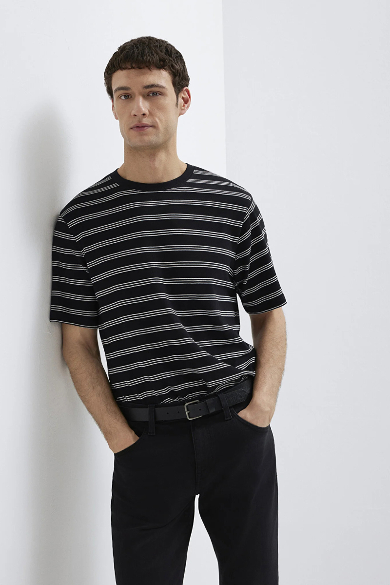 Mavi Erkek Çizgili Kısa Kollu Pamuklu T-Shirt M0613134 Siyah Siyah