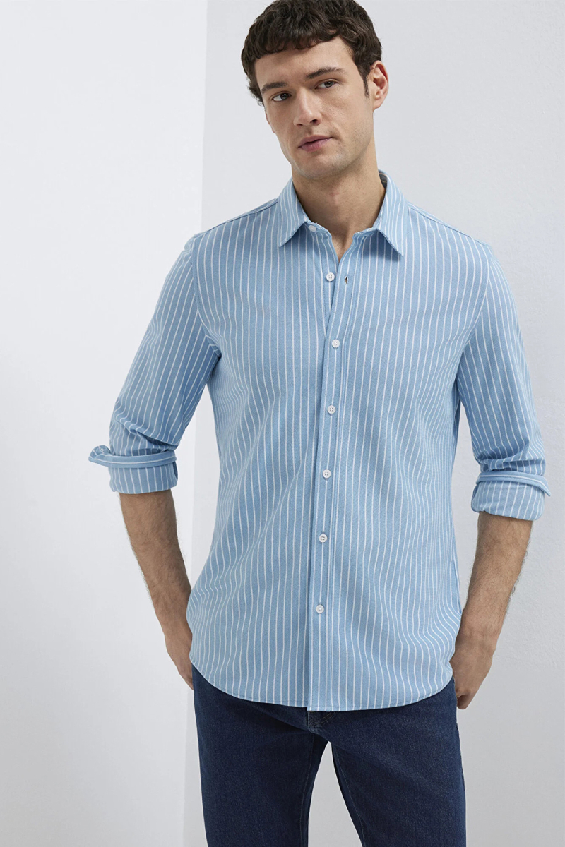 Mavi Erkek Çizgili Uzun Kollu Gömlek M0211404 Mavi Mavi