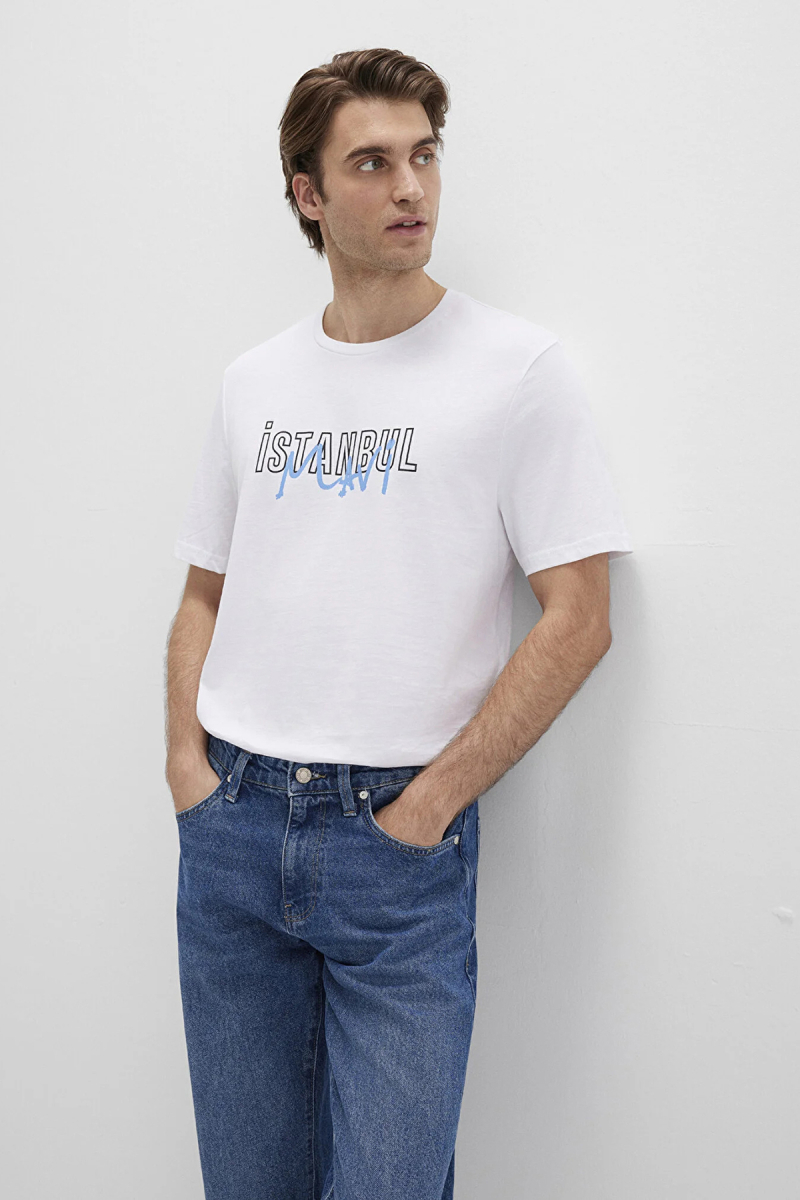 Mavi Erkek İstanbul Baskılı %100 Pamuk T-Shirt M067114 Beyaz Beyaz