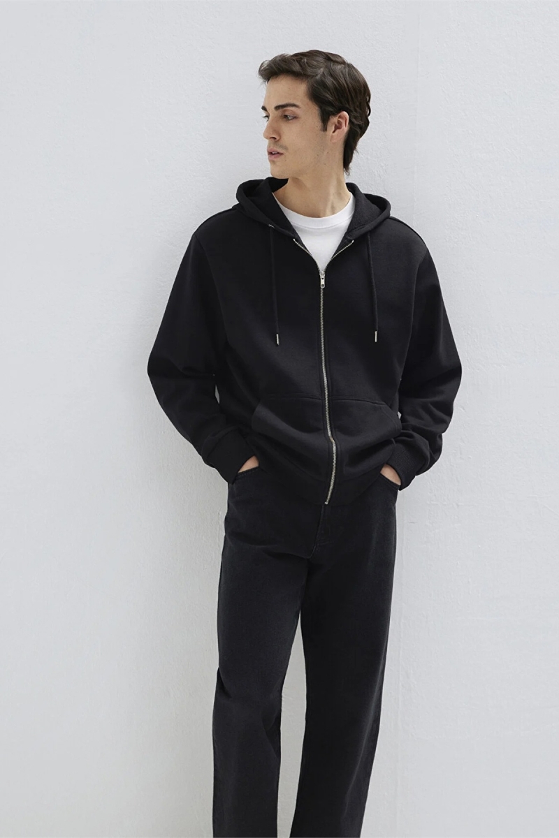 Mavi Erkek Kapüşonlu Fermuarlı Basic Sweatshirt Siyah Siyah