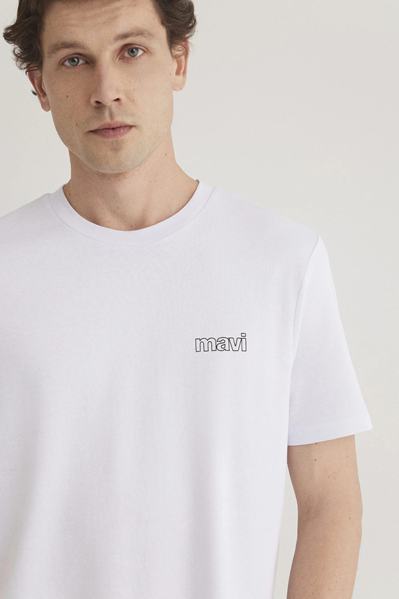 Mavi Erkek Logo Baskılı Bisiklet Yaka %100 Pamuk T-Shirt M0610360-620 Beyaz Beyaz