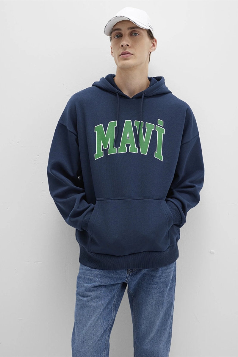 Mavi Erkek Logo Baskılı Kapüşonlu Sweatshirt Gece Lacivert GECE LACİVERT