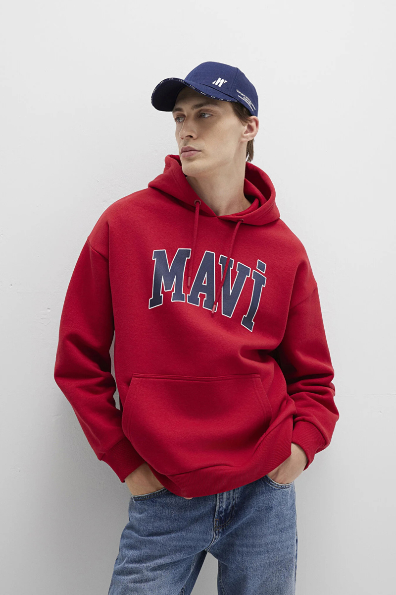 Mavi Erkek Logo Baskılı Kapüşonlu Sweatshirt M067149 Kırmızı Kırmızı