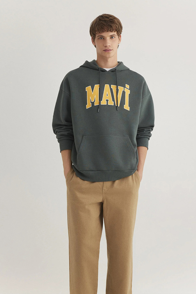 Mavi Erkek Logo Baskılı Kapüşonlu Sweatshirt M067149 Koyu Yeşil Koyu Yeşil