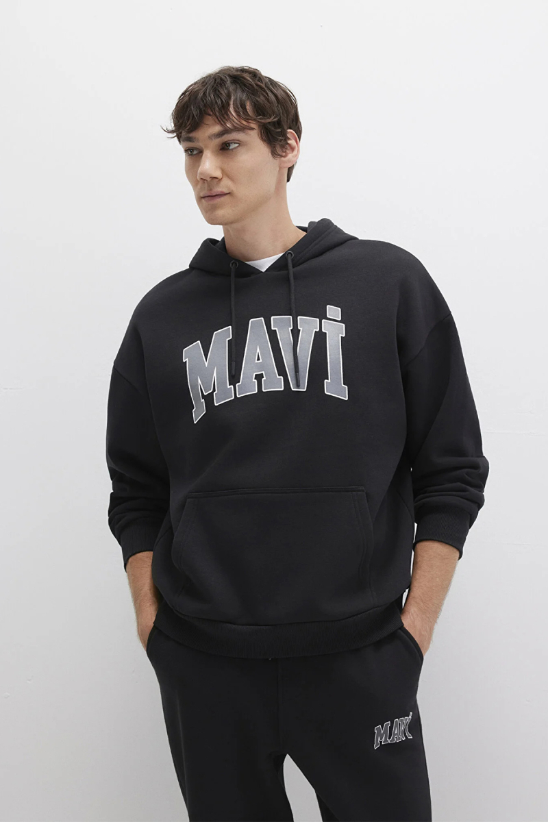 Mavi Erkek Logo Baskılı Kapüşonlu Sweatshirt M067149 Siyah Siyah
