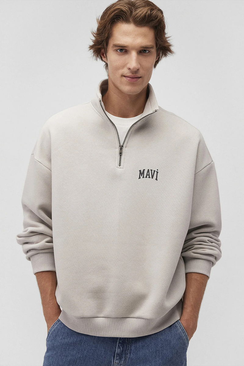 Mavi Erkek Logo Baskılı Yarı Fermuarlı Sweatshirt M0S10208 Açık Gri Açık Gri