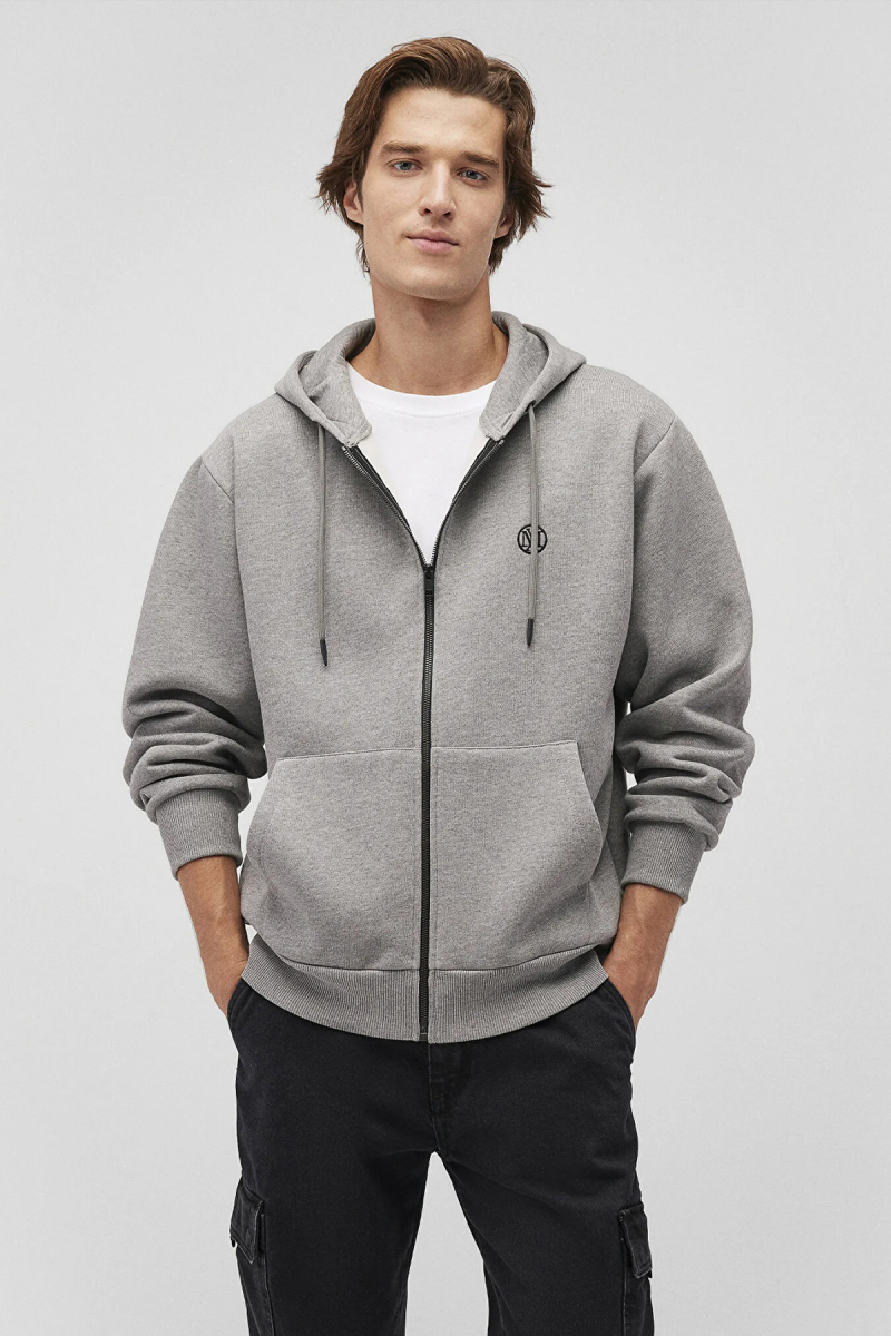 Mavi Erkek Logolu Kapüşonlu Fermuarlı Sweatshirt M066979 Gri Melanj GRİ MELANJ