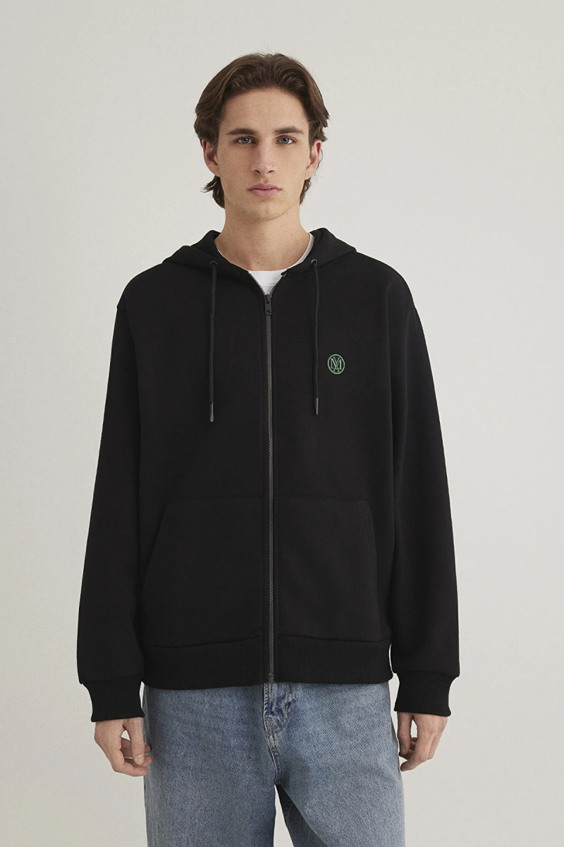Mavi Erkek Logolu Kapüşonlu Fermuarlı Sweatshirt M066979 Siyah Siyah