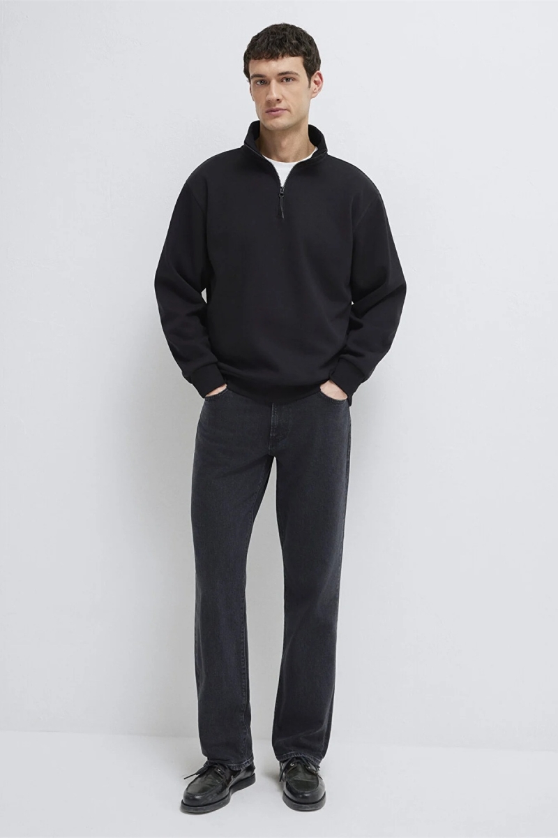 Mavi Erkek Yarı Fermuarlı Basic Sweatshirt Siyah Siyah