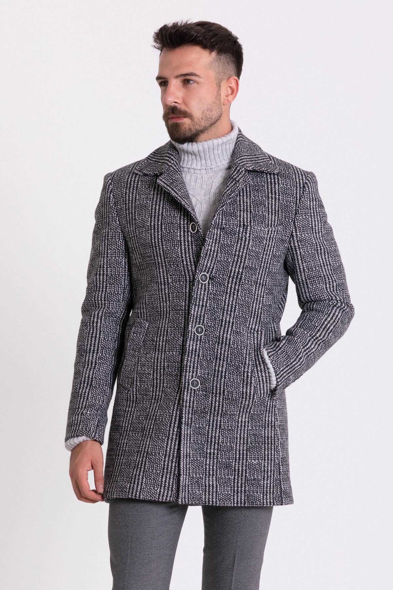 Mcr Erkek Desenli Slim Fit Gömlek Yaka Yün Kaban 21225 Siyah Siyah