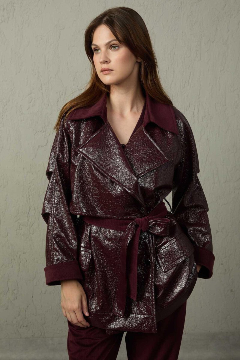 Mezzura Kadın Belden Bağlamalı Deri Trençkot 1515 Bordo Bordo