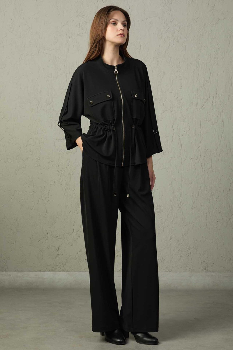 Mezzura Kadın Beli Yarım Lastikli Bol Paça Pantolon 1516 Siyah Siyah