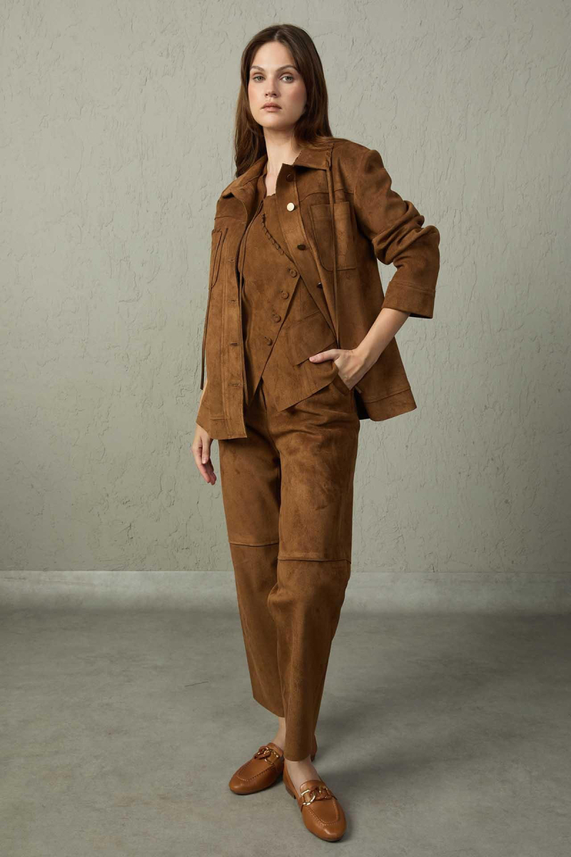 Mezzura Kadın Boru Paça Süet Pantolon 1506 Kahverengi Kahverengi