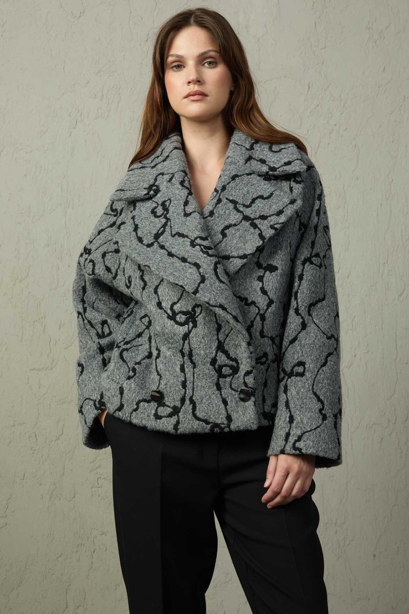 Mezzura Kadın Geniş Kruvaze Yakalı Çıt Çıt Kapamalı Kaban 1615 Gri Gri