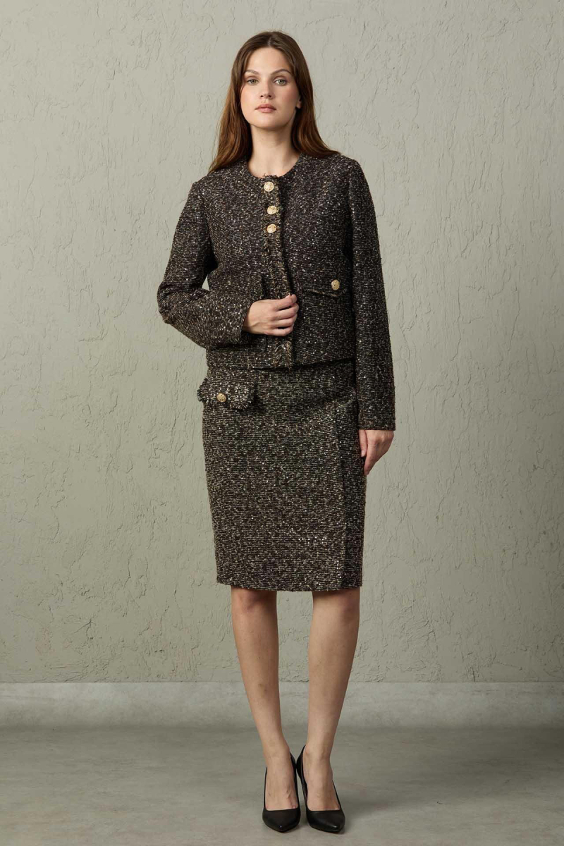 Mezzura Kadın Tüvit Kumaş Midi Etek 1616 Kahverengi Kahverengi