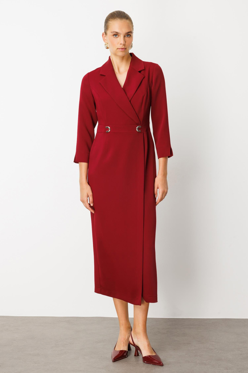 Moda İlgi Kadın Beli Aksesuarlı Cepli Kruvaze Elbise 6626 Bordo Bordo