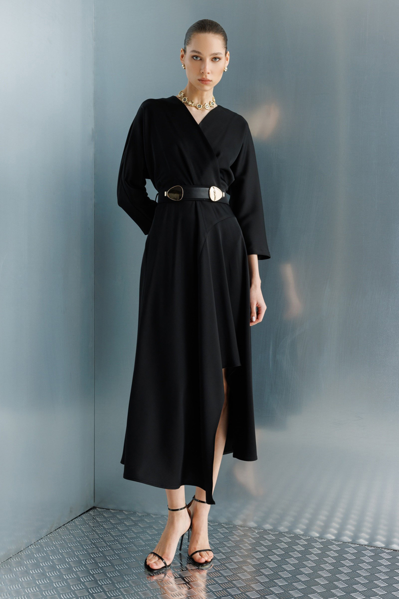 Moda İlgi Kadın Beli Kemerli Kruvaze Yaka Eteği Asimetrik Elbise 0024 Siyah Siyah