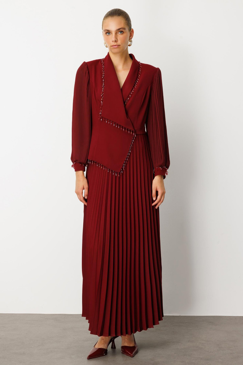 Moda İlgi Kadın Boncuk Detaylı Piliseli Uzun Elbise 6073 Bordo Bordo
