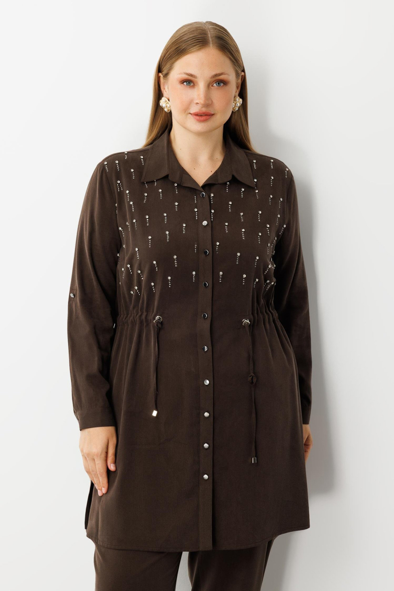 Moda İlgi Kadın Büyük Beden Beli Büzgülü Ön Bedeni İncili Taşlı Tunik 0300 Kahverengi Kahverengi