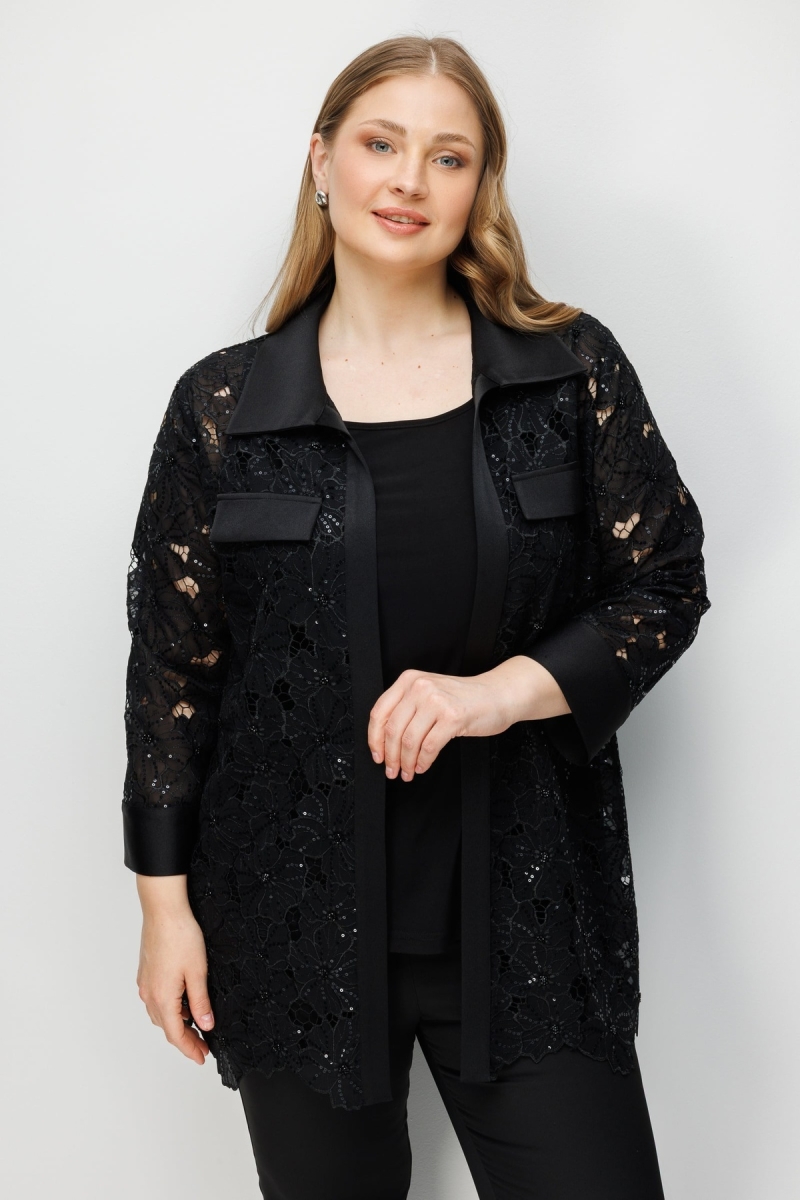 Moda İlgi Kadın Büyük Beden Cep Kapaklı Pullu Çiçek Güpürden İkili Takım Tunik 0378 Siyah Siyah