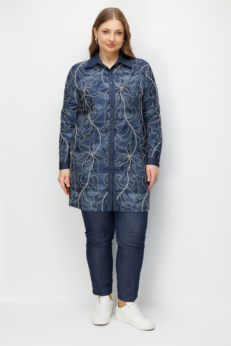Moda İlgi Kadın Büyük Beden Çiçek Desen Nakışlı Düğme Kapamalı Uzun Tunik 0374 Lacivert Lacivert