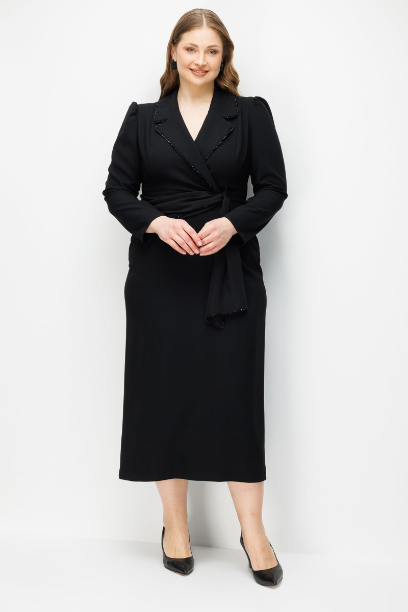 Moda İlgi Kadın Büyük Beden Kruvaze Yaka Boncuk Aksesuarlı Uzun Elbise 0002 Siyah Siyah