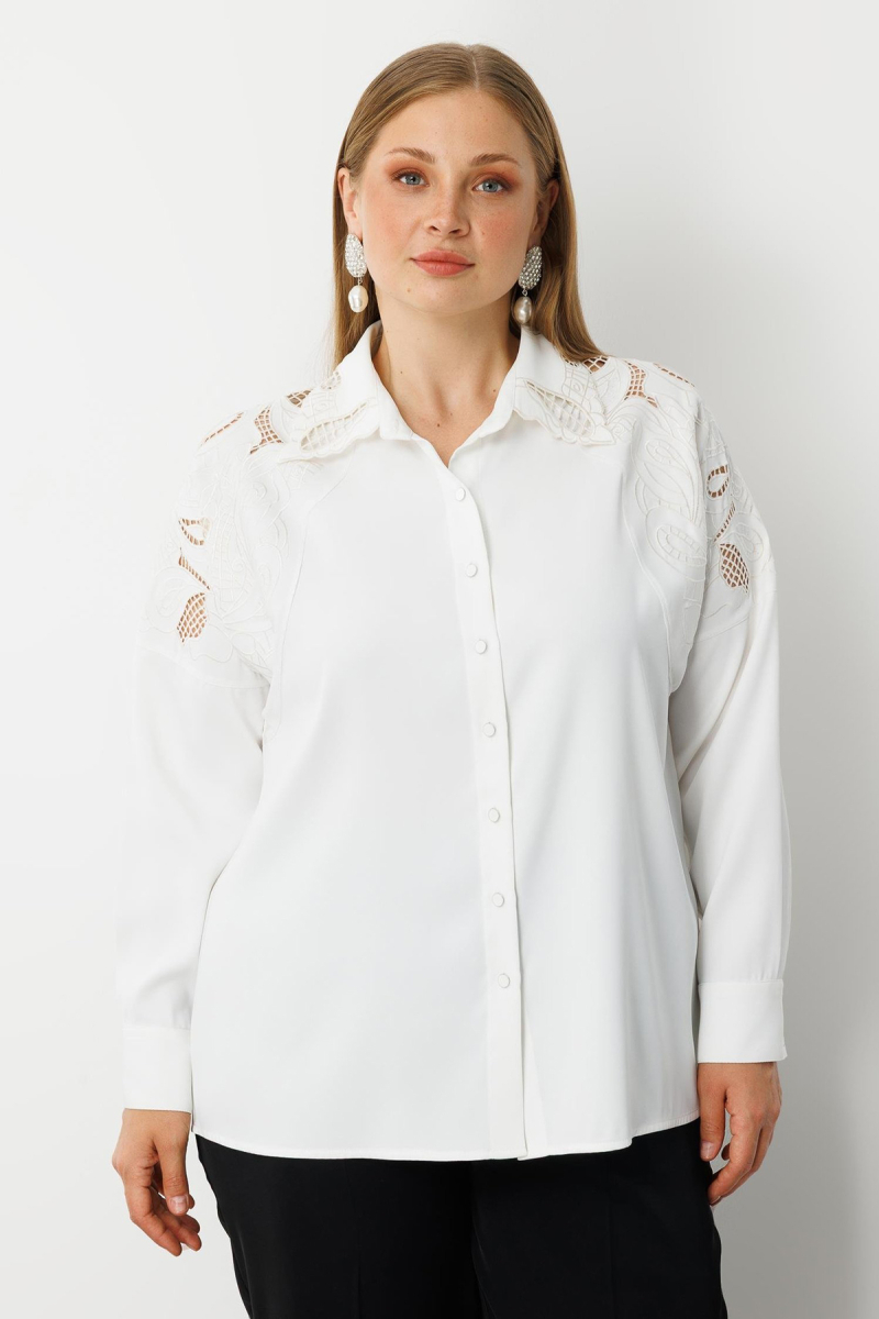 Moda İlgi Kadın Büyük Beden Nakış Detaylı Oversize Gömlek 0041 Ekru Ekru