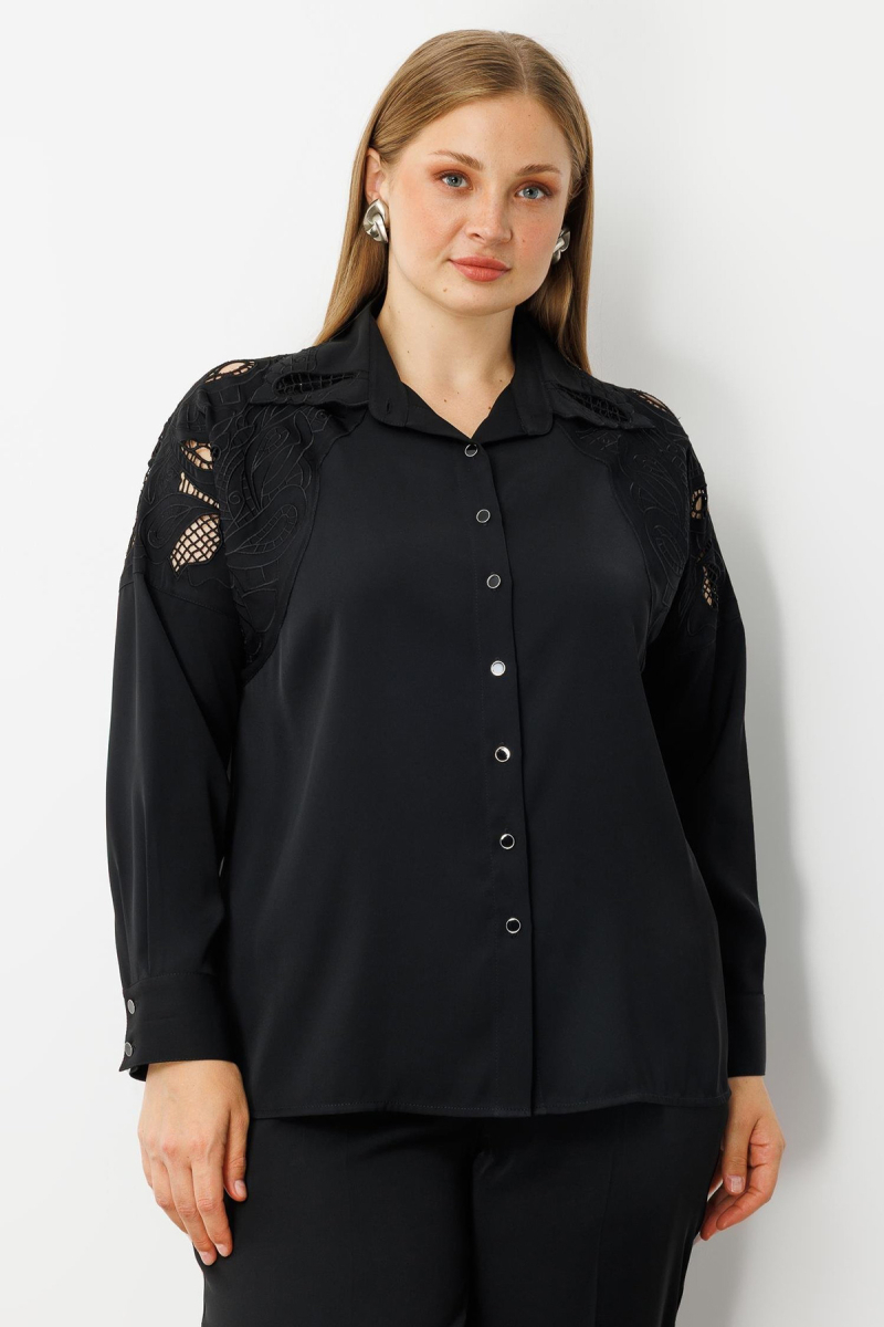 Moda İlgi Kadın Büyük Beden Nakış Detaylı Oversize Gömlek 0041 Siyah Siyah