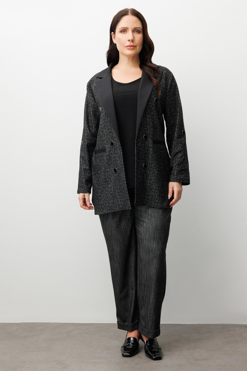 Moda İlgi Kadın Büyük Beden Salaş Takma Kol Leopar Ceket 0336 Siyah Siyah