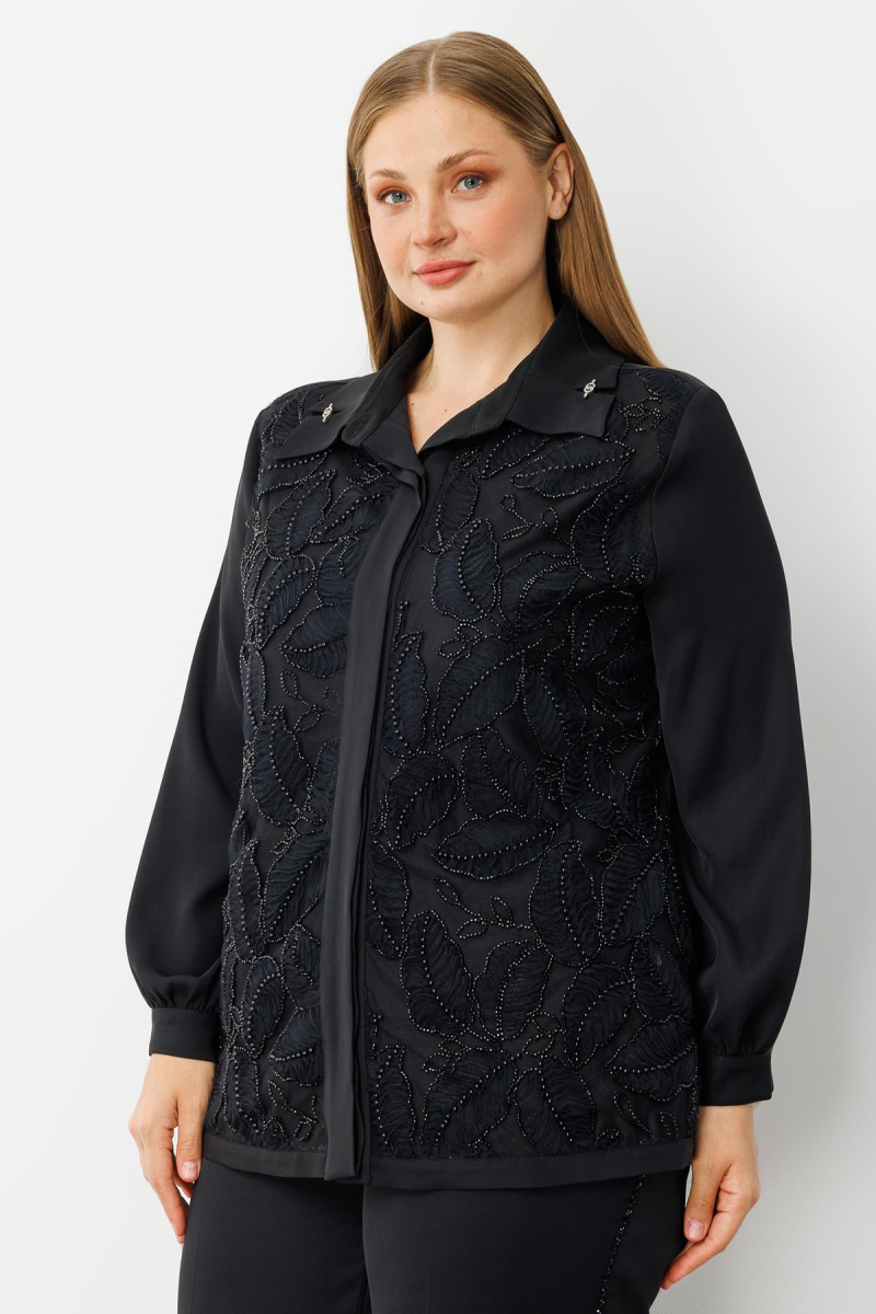 Moda İlgi Kadın Büyük Beden Yaprak Desenli Boncuk Detaylı Takma Kol Gömlek 0052 Siyah Siyah