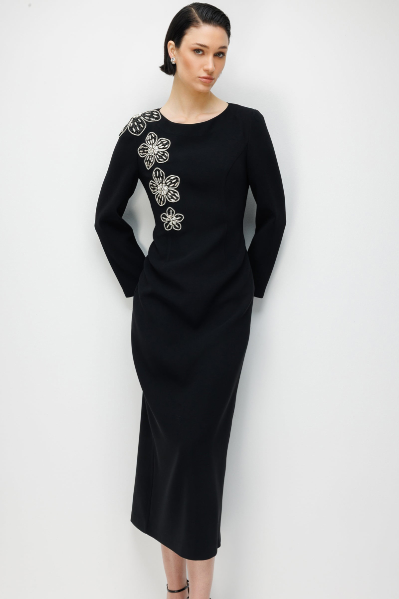 Moda İlgi Kadın Çiçek Desenli Taş Aksesuarlı Klasik Kalem Elbise 0093 Siyah Siyah