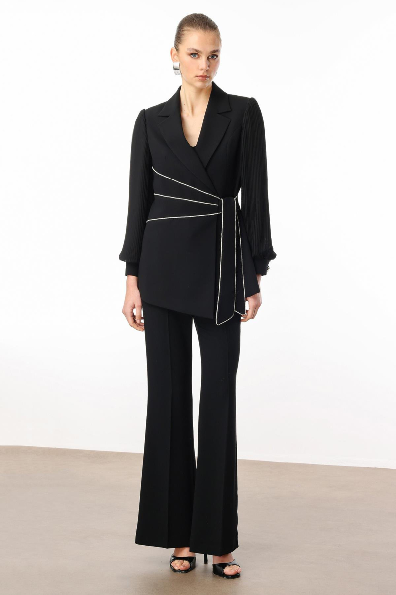 Moda İlgi Kadın Kolları Piliseli Şerit Aksesuarlı Ceket 5008 Siyah Siyah