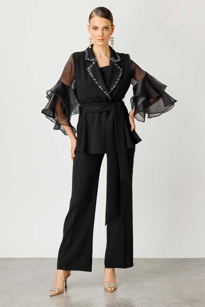 Moda İlgi Kadın Kolları Volanlı Yakası Taşlı Ceket T07545 Siyah Siyah
