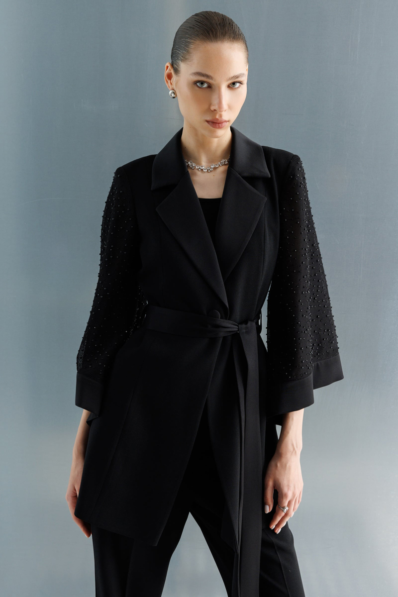 Moda İlgi Kadın Kolu İncili File Kumaştan Uzun Ceket 5013 Siyah Siyah