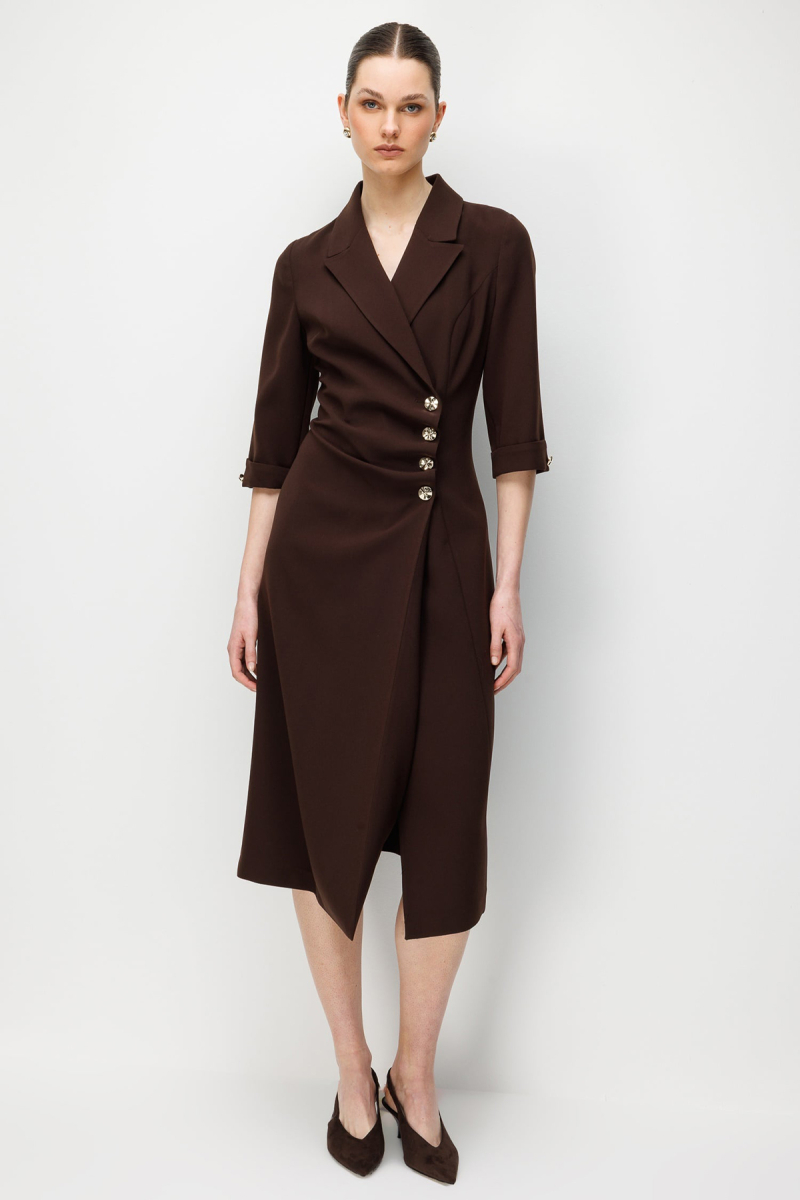 Moda İlgi Kadın Kruvaze Kapama Düğme Detaylı Midi Boy Elbise 0027 Kahverengi Kahverengi