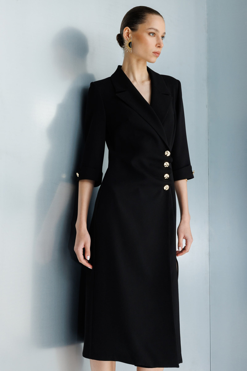 Moda İlgi Kadın Kruvaze Kapama Düğme Detaylı Midi Boy Elbise 0027 Siyah Siyah