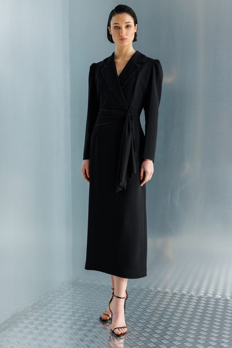 Moda İlgi Kadın Kruvaze Yaka Boncuk Detaylı Uzun Elbise 0098 Siyah Siyah