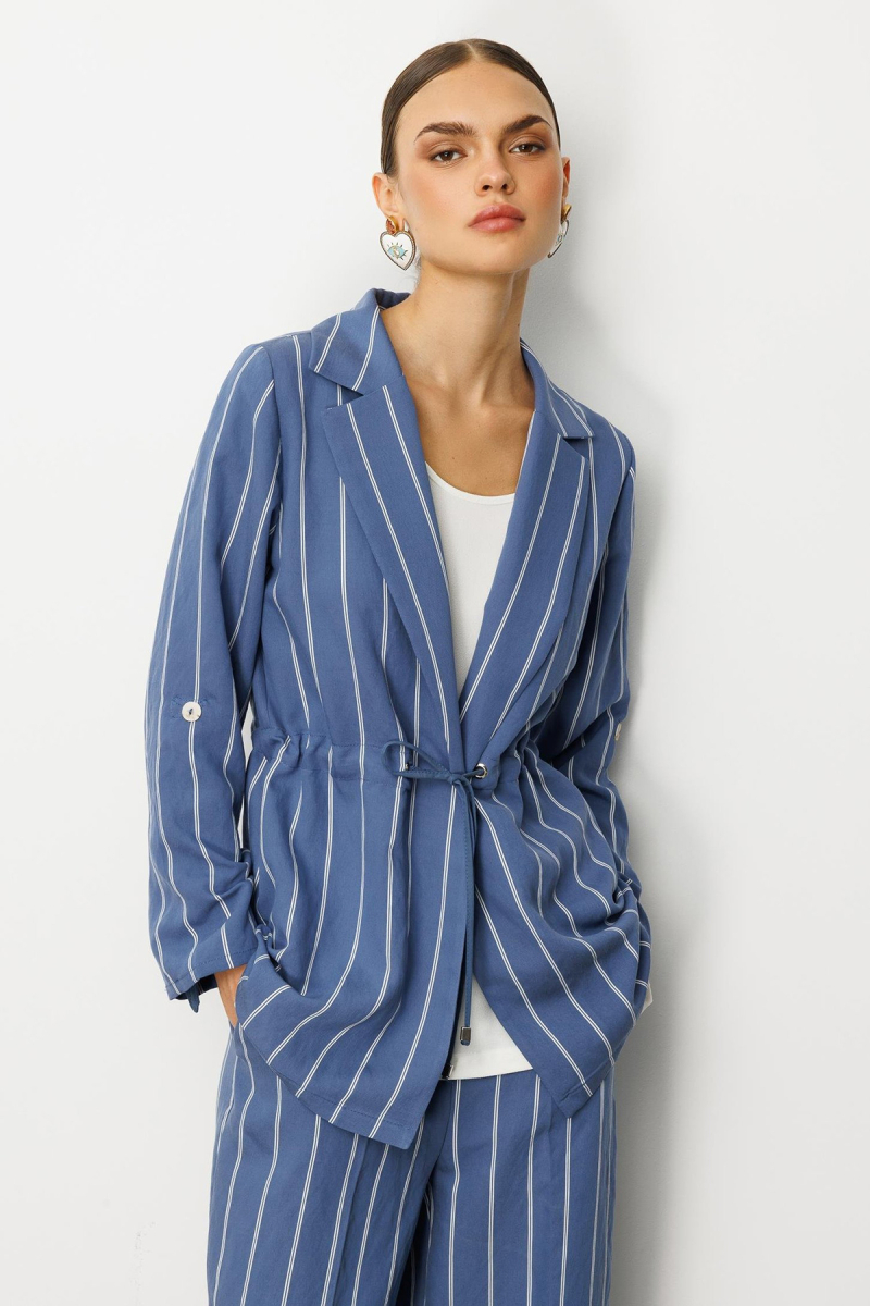 Moda İlgi Kadın Mono Yaka Safari Kol Beli Tünel Bağcıklı İçi Bluzlu İkili Tunik 5020 Indigo Indigo