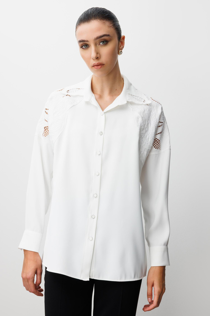 Moda İlgi Kadın Nakış Detaylı Oversize Gömlek 0095 Ekru Ekru