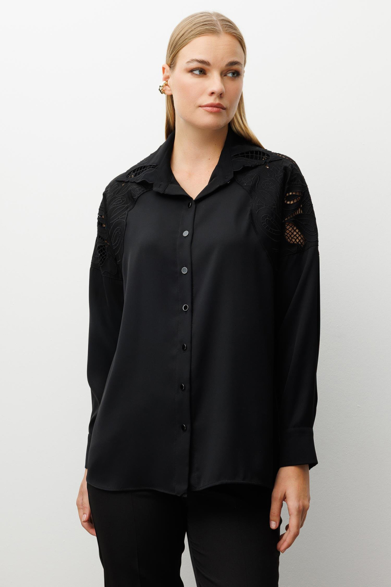Moda İlgi Kadın Nakış Detaylı Oversize Gömlek 0095 Siyah Siyah