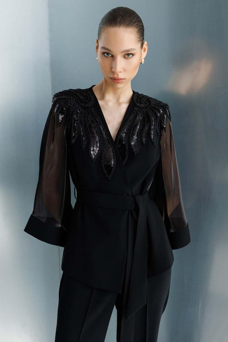 Moda İlgi Kadın Omuzları Boncuk Aksesuar Detaylı Pelerin Kol Ceket 5019 Siyah Siyah