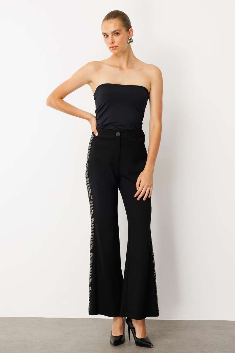 Moda İlgi Kadın Taş Şeritli Bol Paça Pantolon 0065 Siyah Siyah