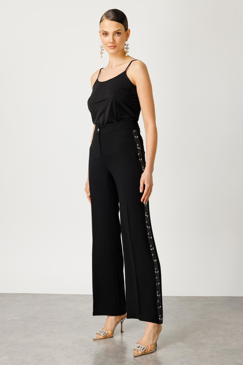 Moda İlgi Kadın Yanları Taş Şeritli Geniş Paça Pantolon T04545 Siyah Siyah