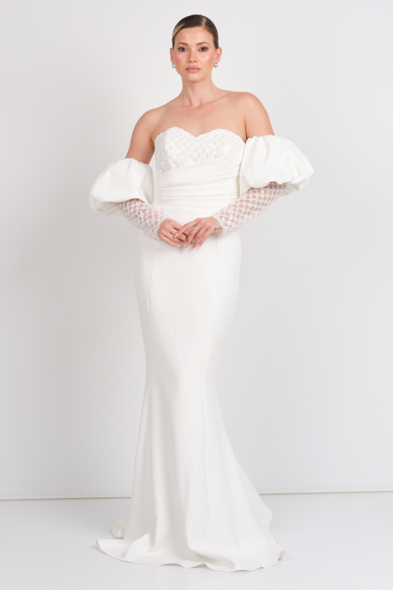 Mor Sposa Kadın Seyyar Kollu Straplez Balık Form Abiye Elbise A777 Beyaz Beyaz