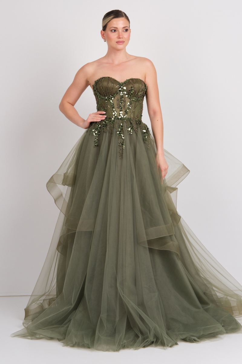Mor Sposa Kadın Straplez Pul Payet Detaylı Maxi Boy Tül Abiye Elbise M104 Oliv Oliv
