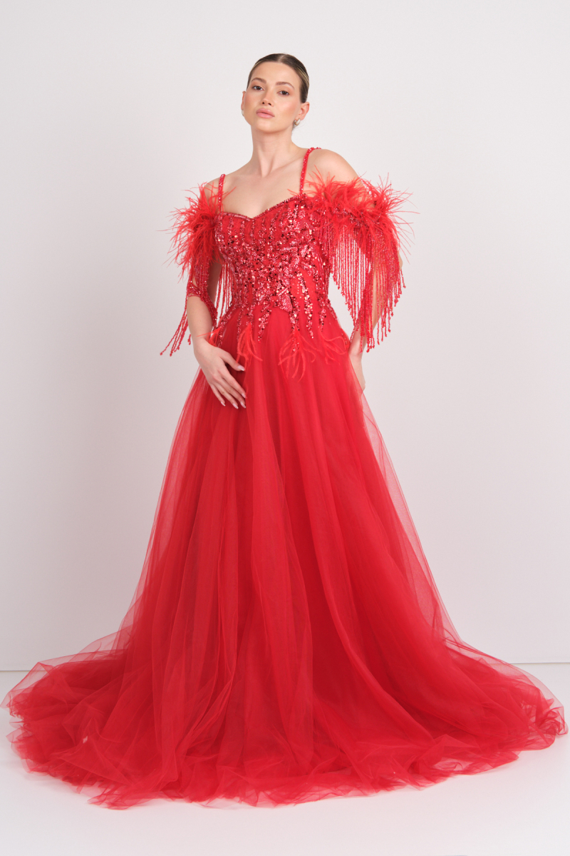 Mor Sposa Kadın Üst Full Taşlı Alt Tül Kabarık Model Maxi Abiye Elbise M100 Kırmızı Kırmızı