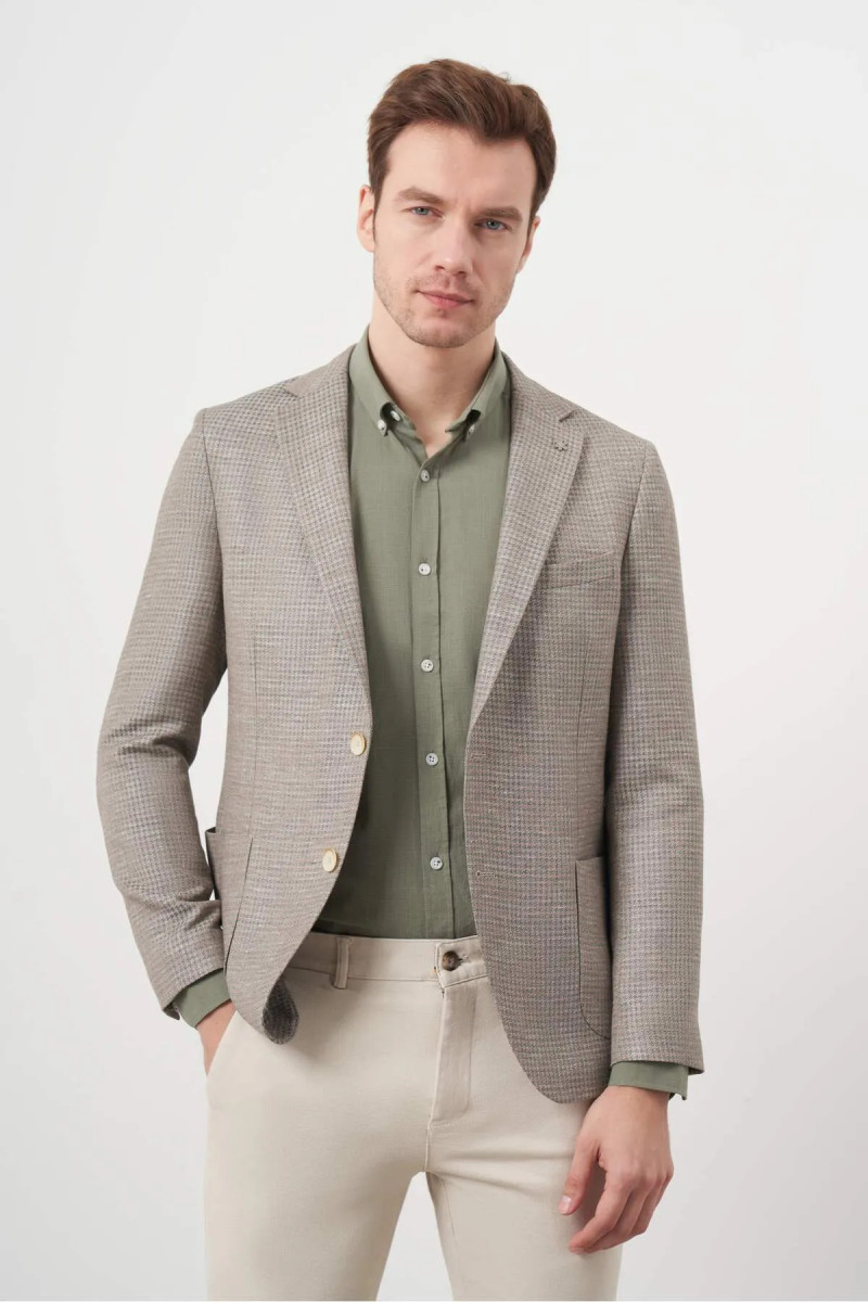 Morven Erkek Dokuma Slim Fit Torba Cep Mono Yaka Spor Ceket 2002 Bej Bej
