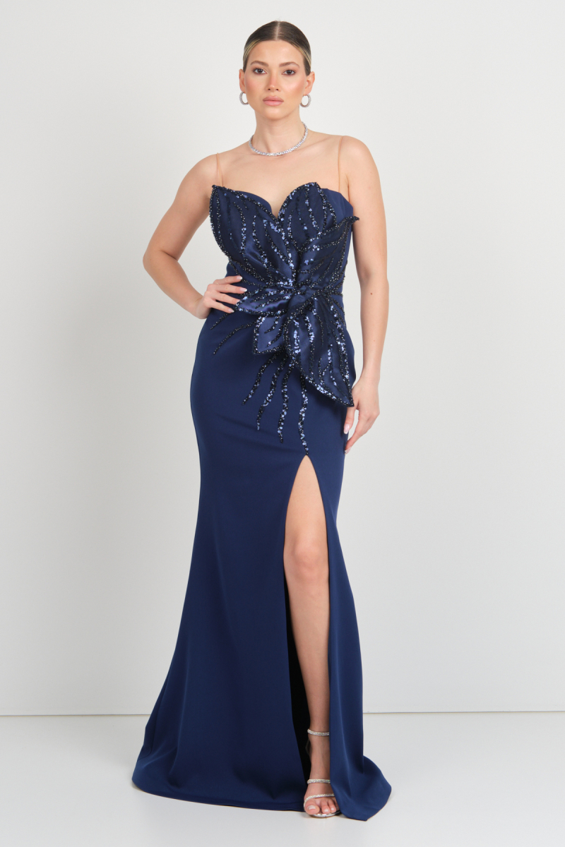 Ömür Inn Kadın İnci ve Payet İşlemeli Derin Yırtmaçlı Uzun Abiye Elbise 5520 Lacivert Lacivert